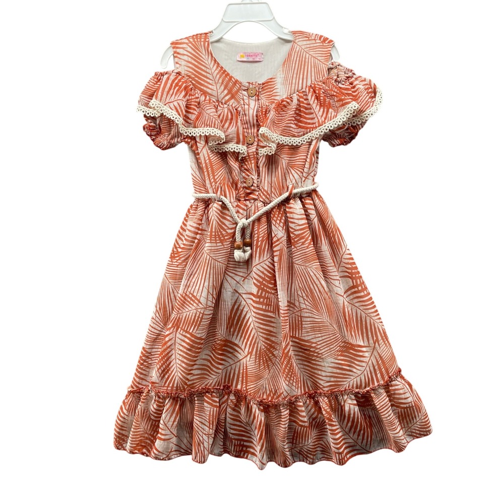 Tommito Girls Size 8-9 Tropical Dress Ruffle Cold Sholder Orange Palm Resort